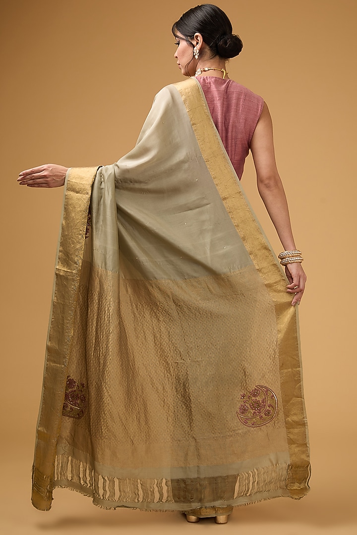 Olive Green Silk Floral Motifs Embroidered Party Wear Saree Set by Aharin India at Pernia's Pop Up Shop