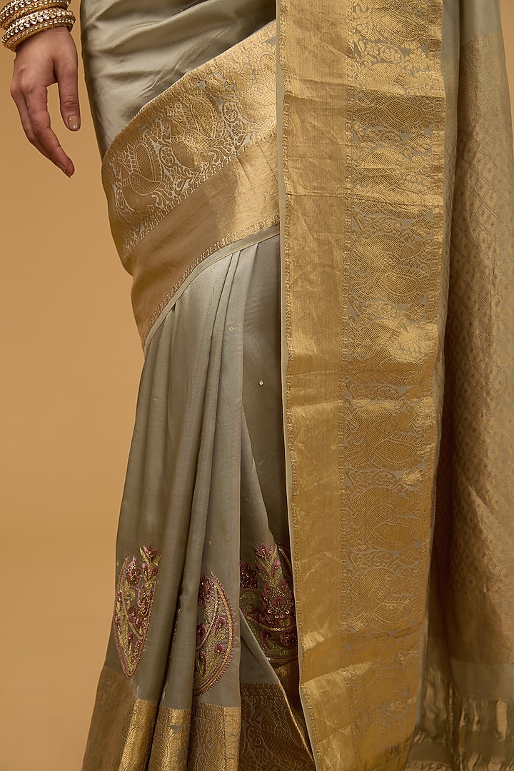 Olive Green Silk Floral Motifs Embroidered Party Wear Saree Set by Aharin India at Pernia's Pop Up Shop