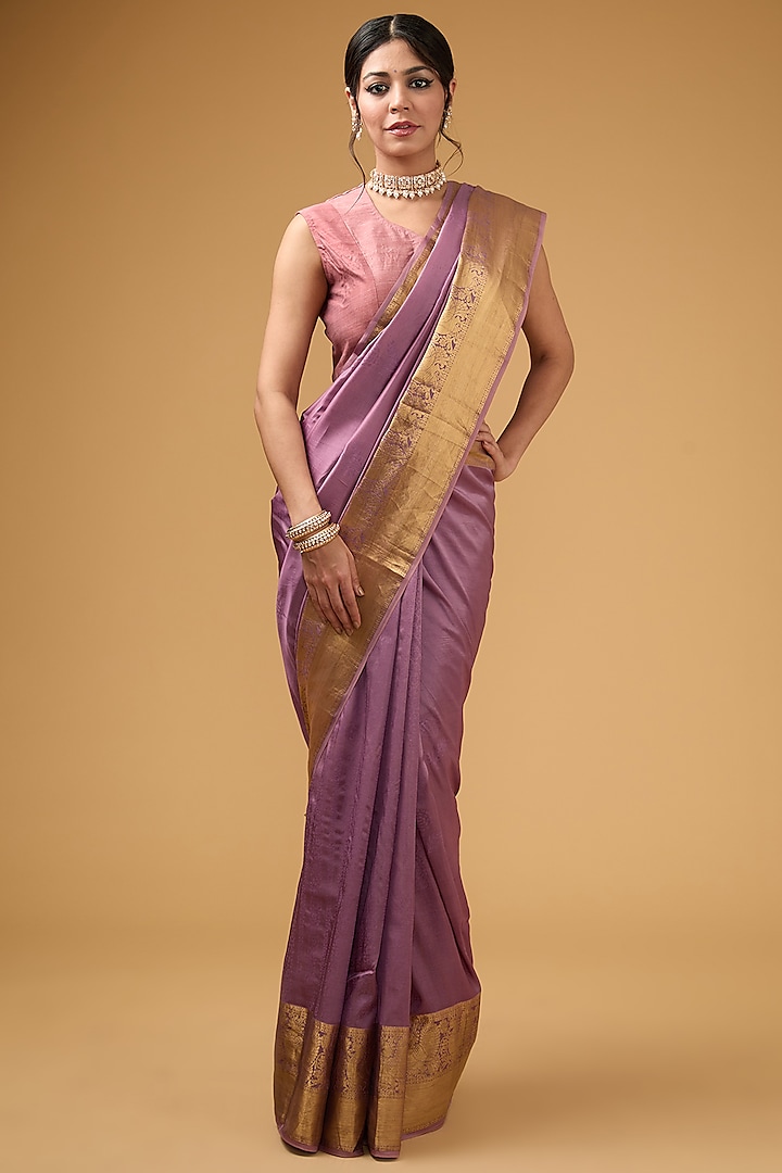 Mauve Silk Embroidered Saree Set by Aharin India