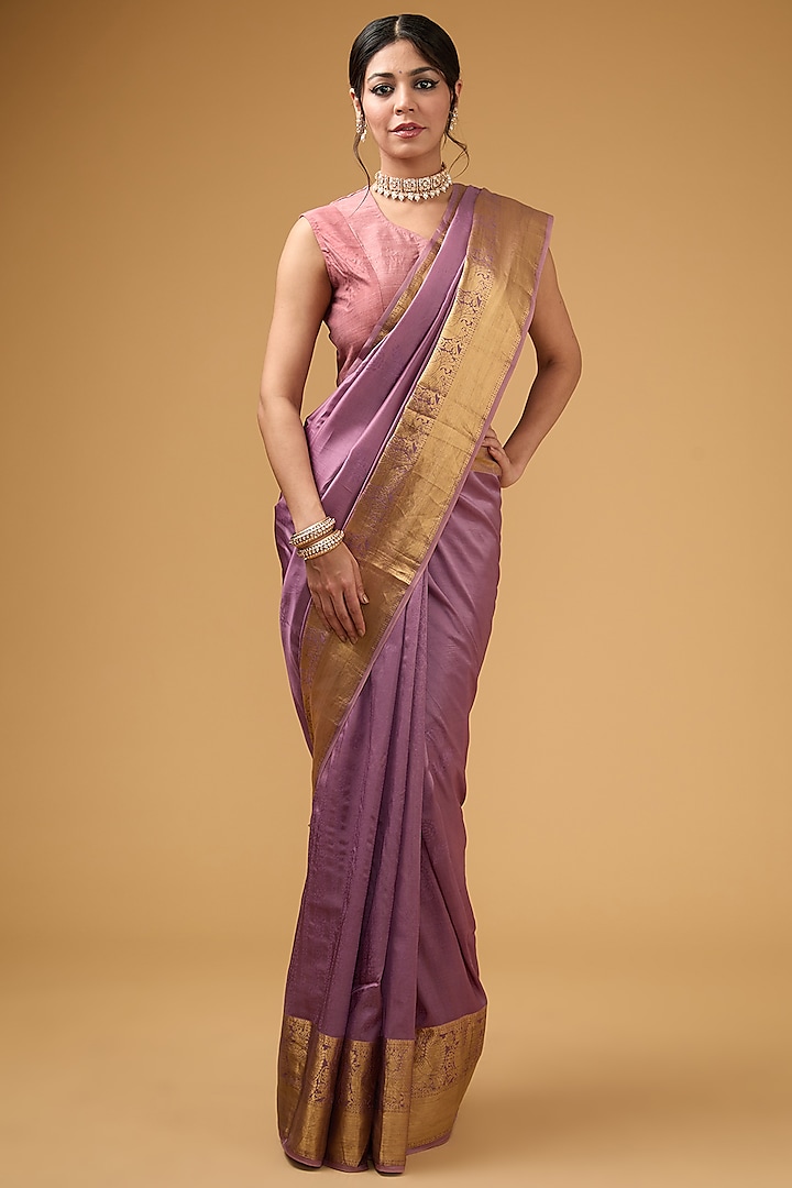 Mauve Silk Embroidered Party Wear Saree Set by Aharin India at Pernia's Pop Up Shop