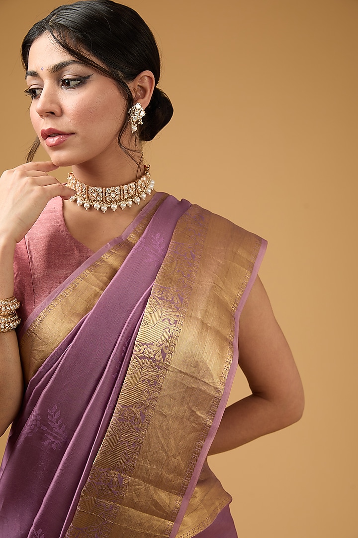 Mauve Silk Embroidered Party Wear Saree Set by Aharin India at Pernia's Pop Up Shop