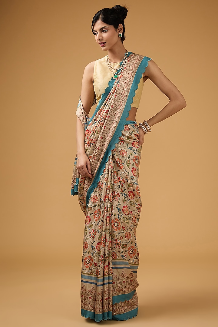 Beige Modal Silk Floral Printed Party Wear Saree Set by Aharin India at Pernia's Pop Up Shop