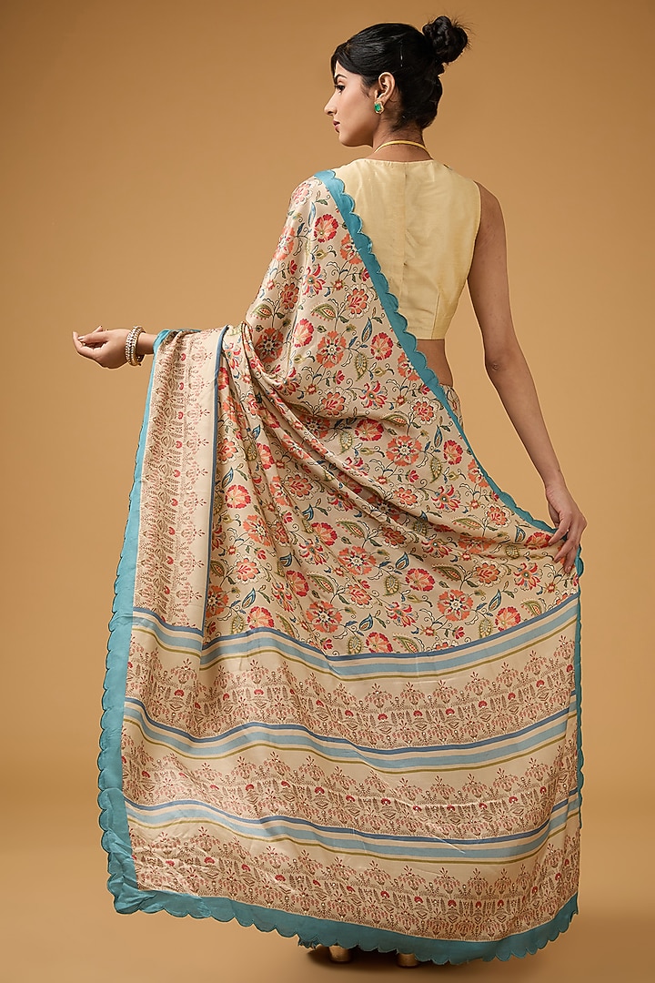 Beige Modal Silk Floral Printed Party Wear Saree Set by Aharin India at Pernia's Pop Up Shop