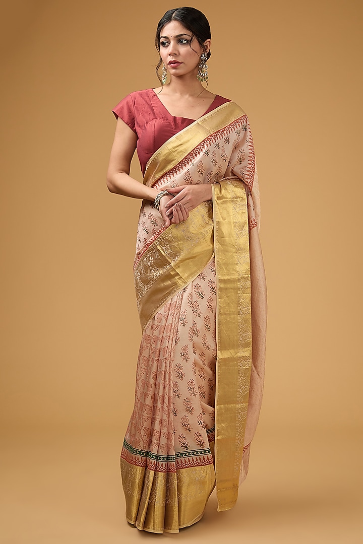 Peach Silk Block Printed Saree Set by Aharin India