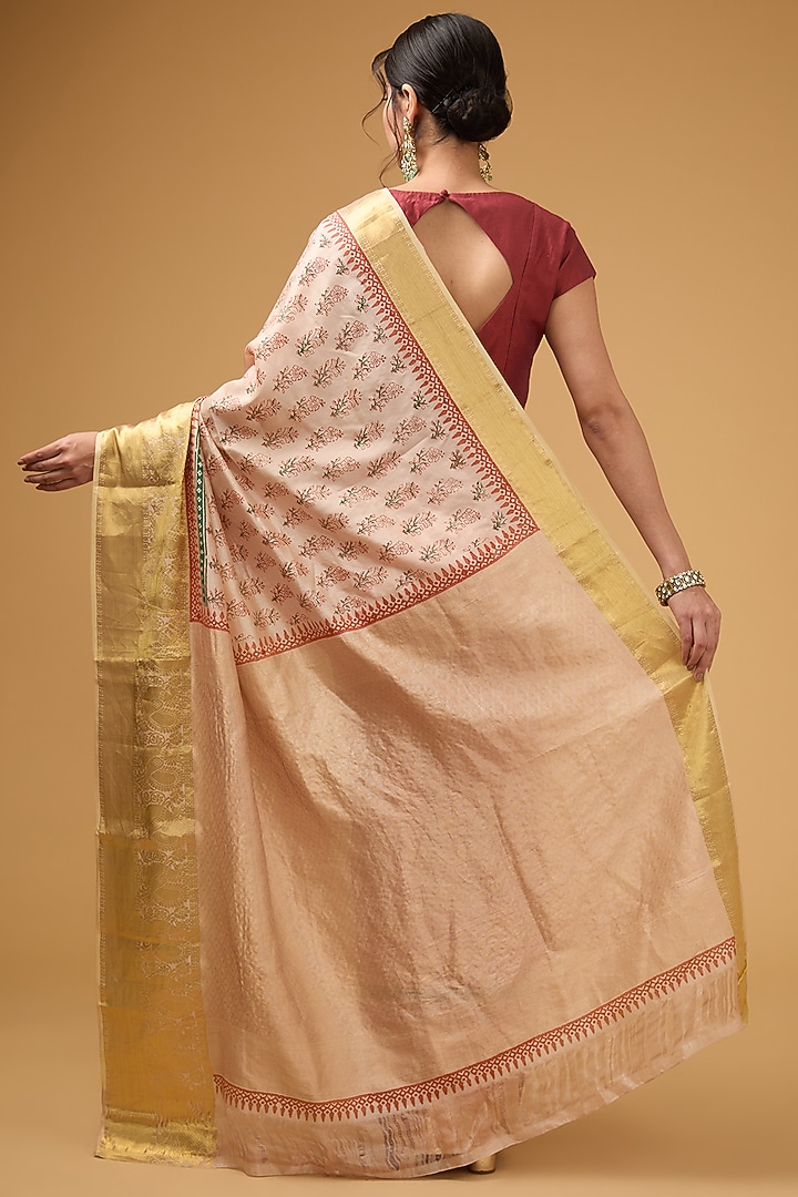 Peach Silk Block Printed Wedding Saree Set by Aharin India at Pernia's Pop Up Shop