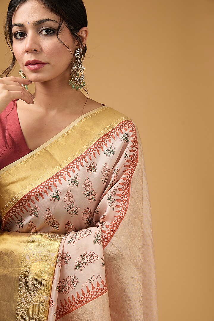 Peach Silk Block Printed Wedding Saree Set by Aharin India at Pernia's Pop Up Shop