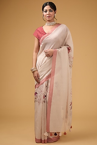 Peachish Beige Viscose Floral Printed Saree Set by Aharin India