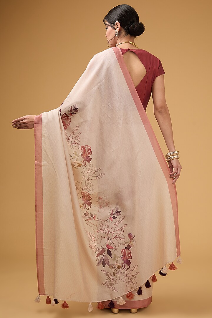 Peachish Beige Viscose Floral Printed Party Wear Saree Set by Aharin India at Pernia's Pop Up Shop