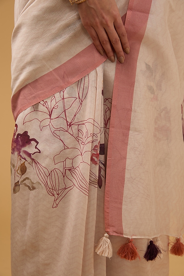 Peachish Beige Viscose Floral Printed Party Wear Saree Set by Aharin India at Pernia's Pop Up Shop