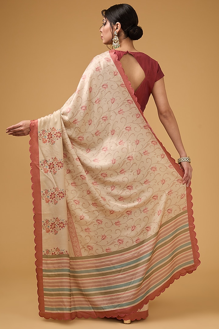 Beige Viscose Floral Digital Printed Scalloped Party Wear Saree Set by Aharin India at Pernia's Pop Up Shop