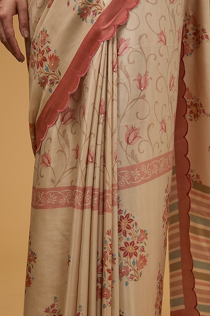 Beige Viscose Floral Digital Printed Scalloped Party Wear Saree Set by Aharin India at Pernia's Pop Up Shop