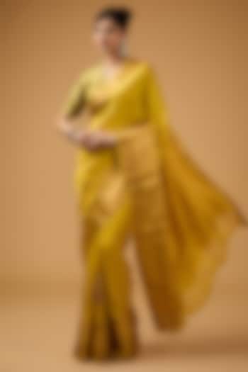 Mustard Silk Motif Embroidered Party Wear Saree Set by Aharin India at Pernia's Pop Up Shop