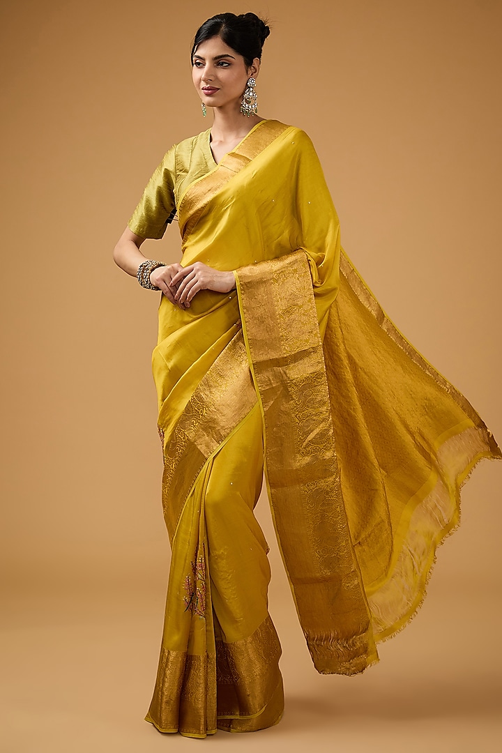 Mustard Silk Motif Embroidered Party Wear Saree Set by Aharin India at Pernia's Pop Up Shop