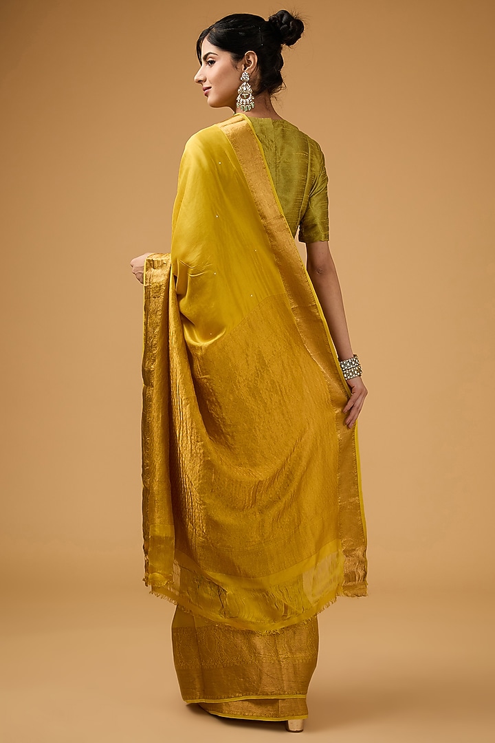 Mustard Silk Motif Embroidered Party Wear Saree Set by Aharin India at Pernia's Pop Up Shop