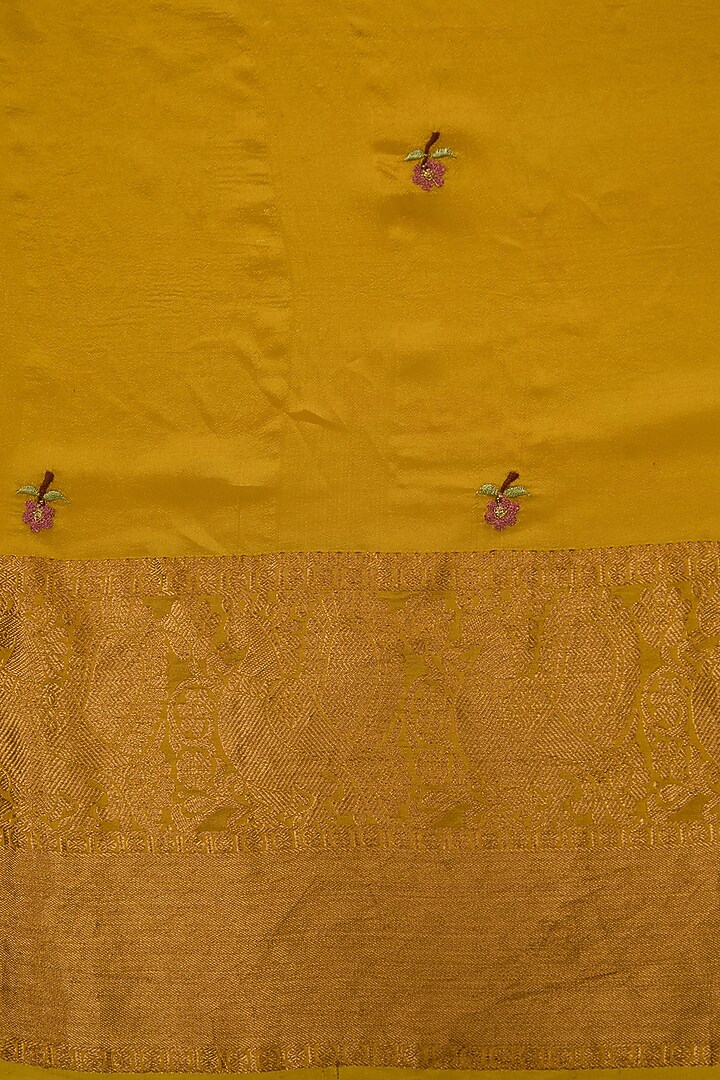 Mustard Silk Motif Embroidered Party Wear Saree Set by Aharin India at Pernia's Pop Up Shop