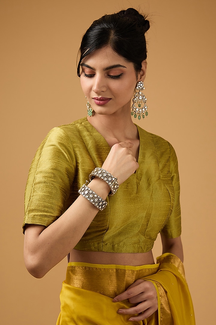 Mustard Silk Motif Embroidered Party Wear Saree Set by Aharin India at Pernia's Pop Up Shop