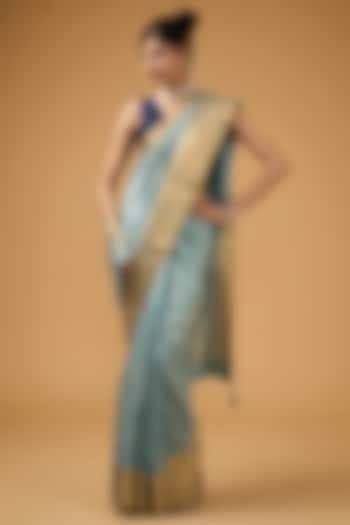 Bluish Grey Silk Chikankari Embroidered Saree Set by Aharin India