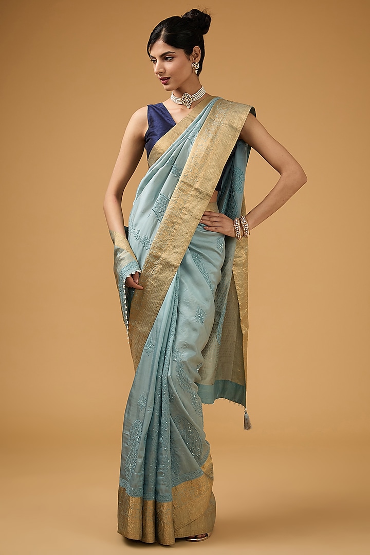 Bluish Grey Silk Chikankari Embroidered Saree Set by Aharin India