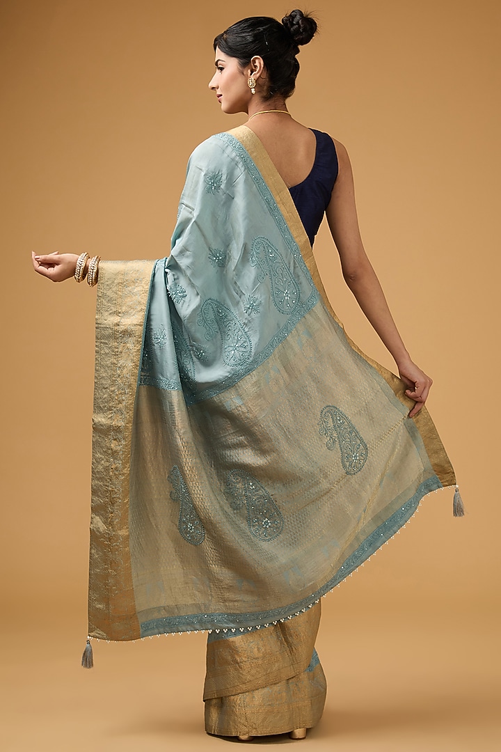 Bluish Grey Silk Chikankari Embroidered Wedding Saree Set by Aharin India at Pernia's Pop Up Shop