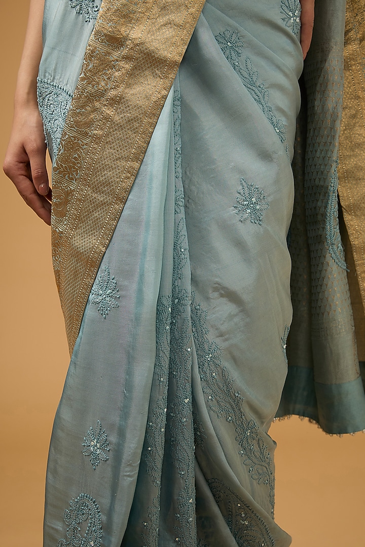 Bluish Grey Silk Chikankari Embroidered Wedding Saree Set by Aharin India at Pernia's Pop Up Shop