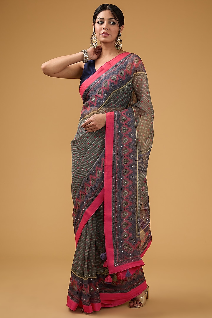 Blue Viscose Floral Digital Printed Party Wear Saree Set by Aharin India at Pernia's Pop Up Shop