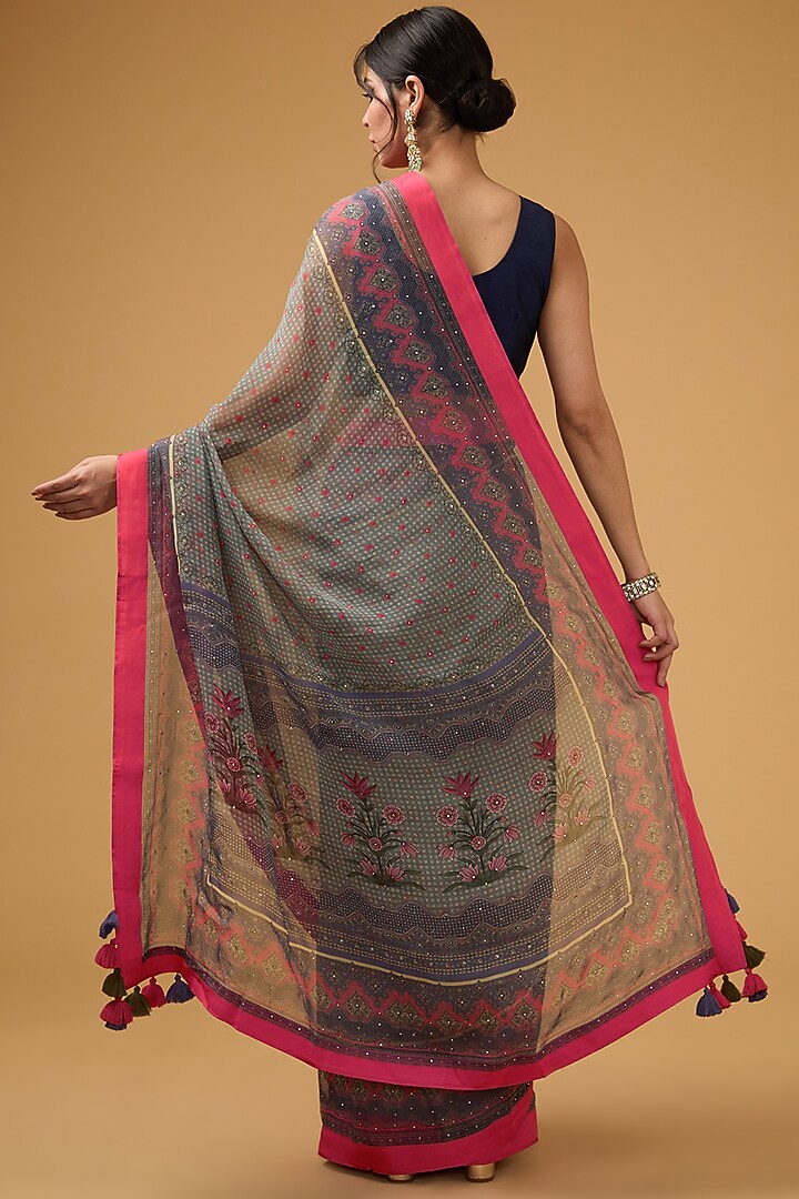 Blue Viscose Floral Digital Printed Party Wear Saree Set by Aharin India at Pernia's Pop Up Shop