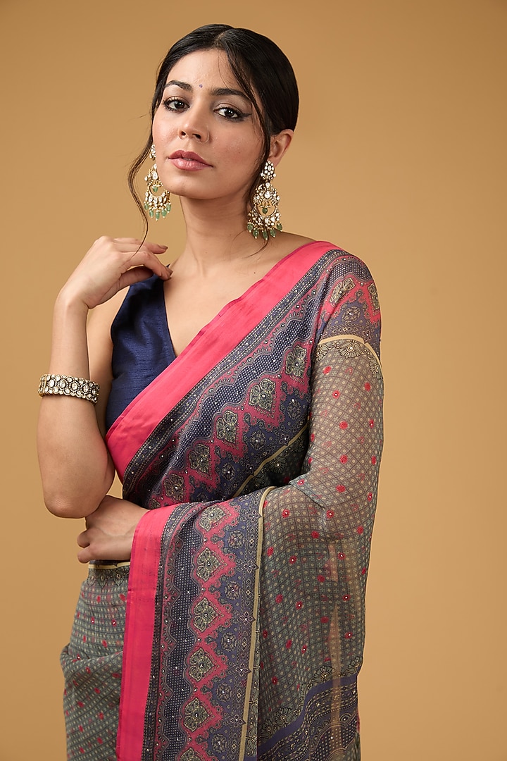 Blue Viscose Floral Digital Printed Party Wear Saree Set by Aharin India at Pernia's Pop Up Shop