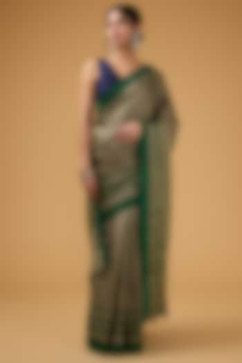 Olive Green Viscose Block Printed Saree set by Aharin India at Pernia's Pop Up Shop