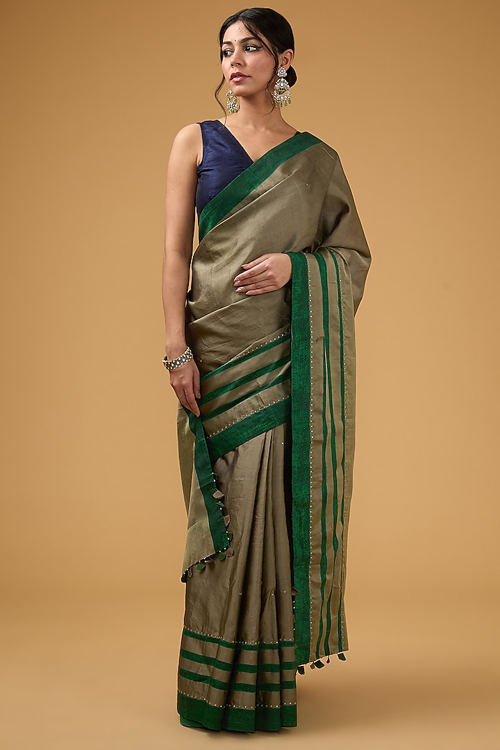 Olive Green Viscose Block Printed Saree set by Aharin India