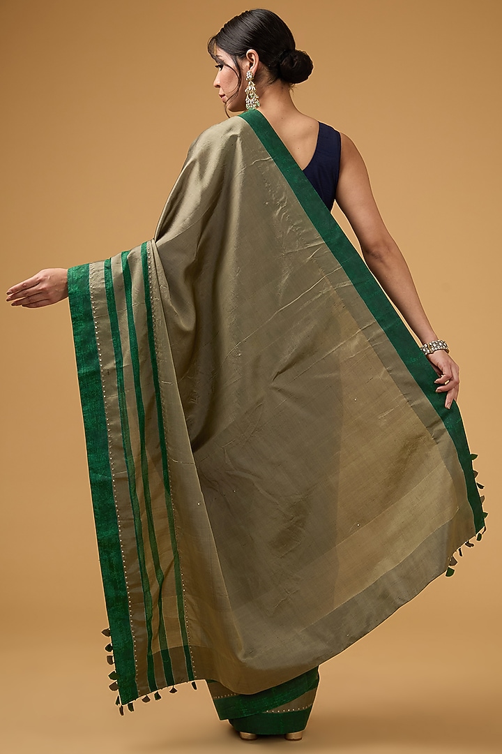 Olive Green Viscose Block Printed Party Wear Saree set by Aharin India at Pernia's Pop Up Shop