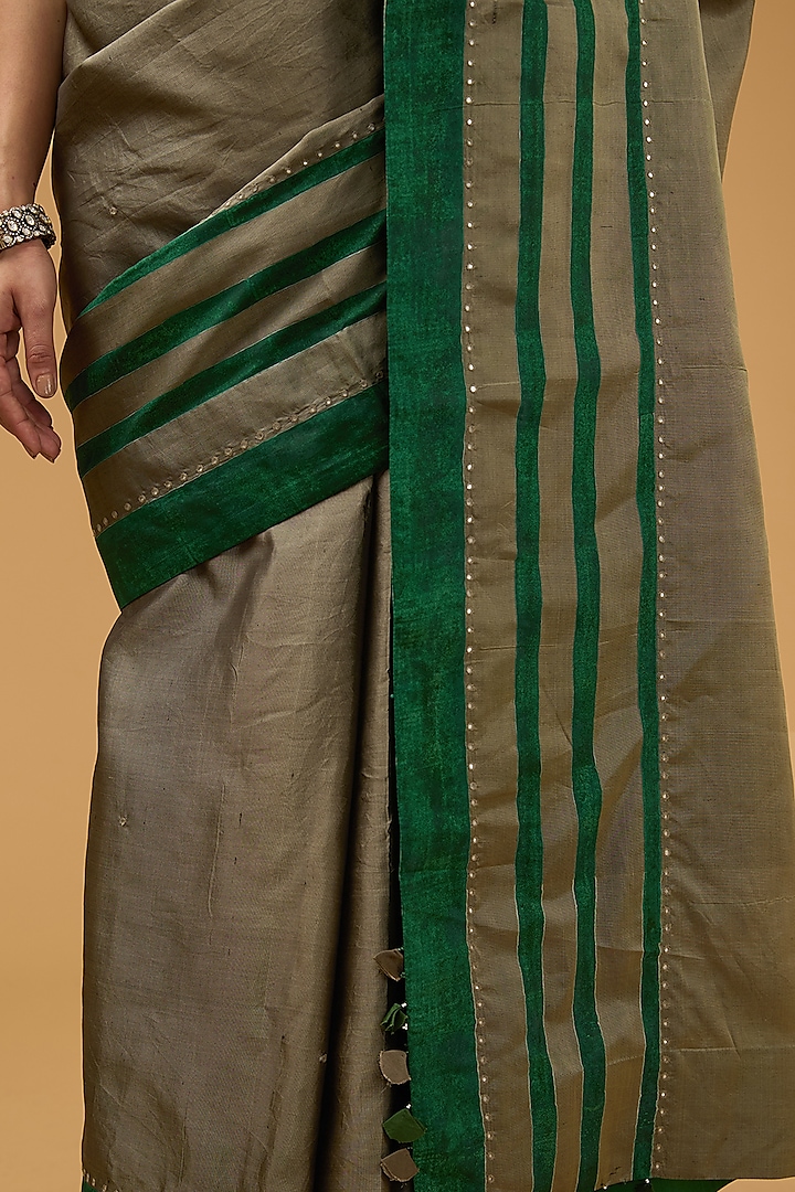 Olive Green Viscose Block Printed Party Wear Saree set by Aharin India at Pernia's Pop Up Shop