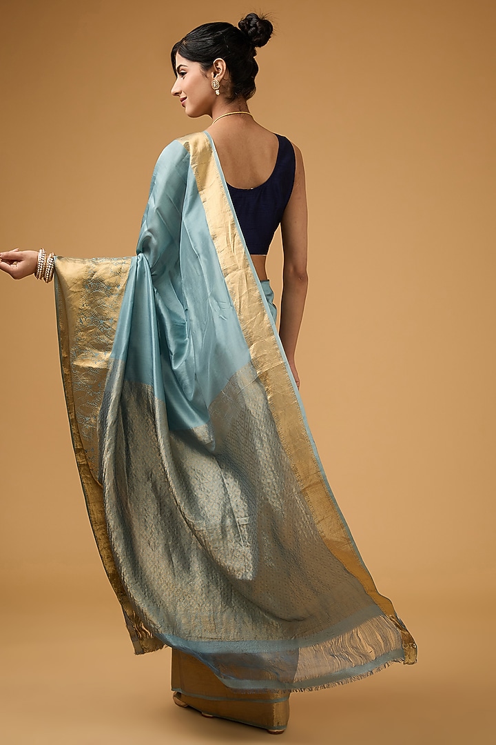 Bluish Grey Silk Motif Embroidered Party Wear Saree Set by Aharin India at Pernia's Pop Up Shop