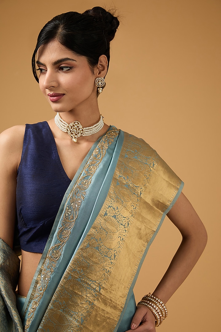 Bluish Grey Silk Motif Embroidered Party Wear Saree Set by Aharin India at Pernia's Pop Up Shop