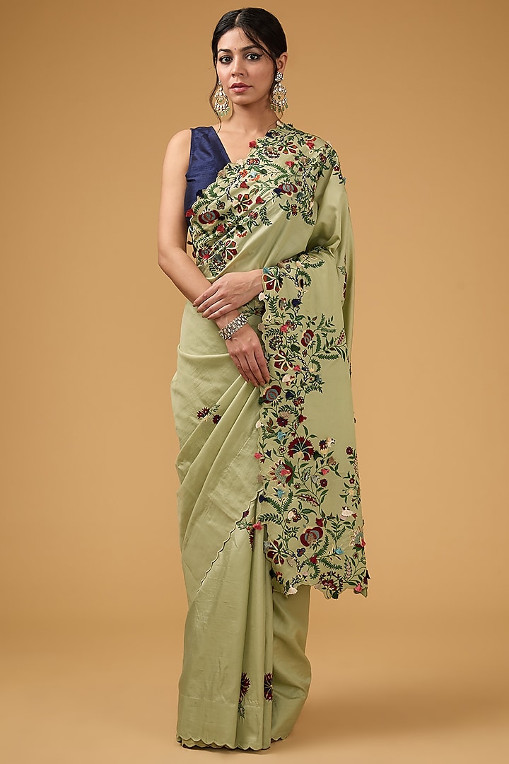 Pista Green Silk Embroidered Saree Set by Aharin India