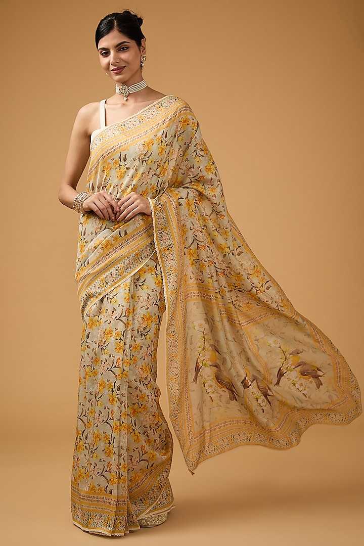 Yellow Cotton Silk Floral Printed Party Wear Saree Set by Aharin India at Pernia's Pop Up Shop