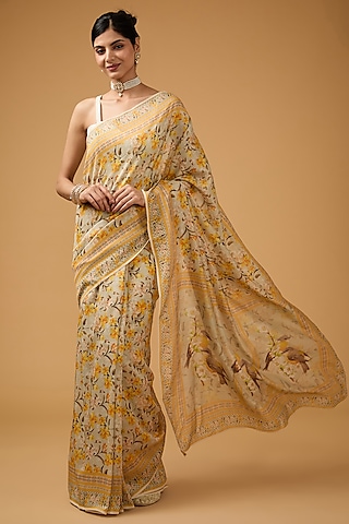 Yellow Cotton Silk Floral Printed Saree Set by Aharin India