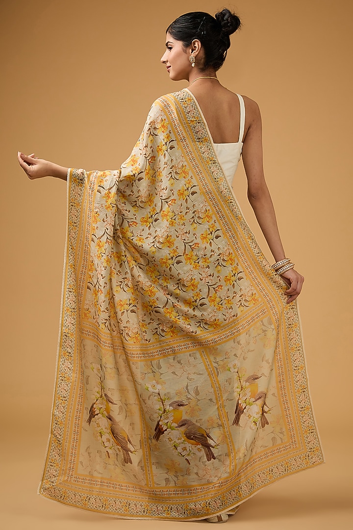 Yellow Cotton Silk Floral Printed Party Wear Saree Set by Aharin India at Pernia's Pop Up Shop