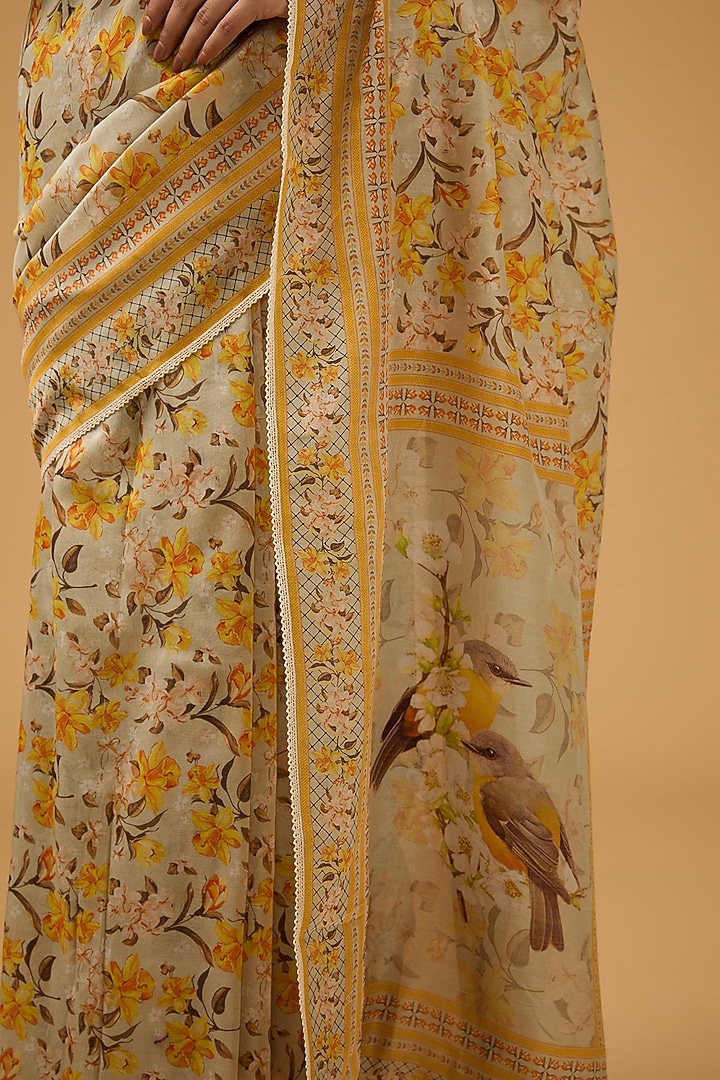 Yellow Cotton Silk Floral Printed Party Wear Saree Set by Aharin India at Pernia's Pop Up Shop