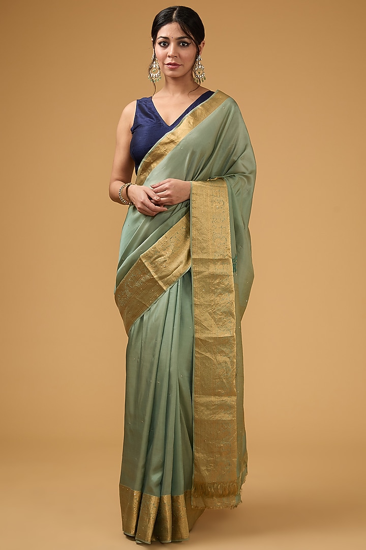 Dark Pista Green Silk Embroidered Party Wear Saree Set by Aharin India at Pernia's Pop Up Shop