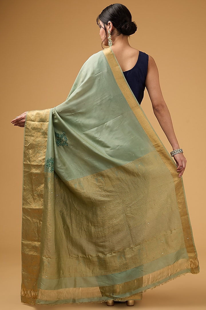 Dark Pista Green Silk Embroidered Party Wear Saree Set by Aharin India at Pernia's Pop Up Shop