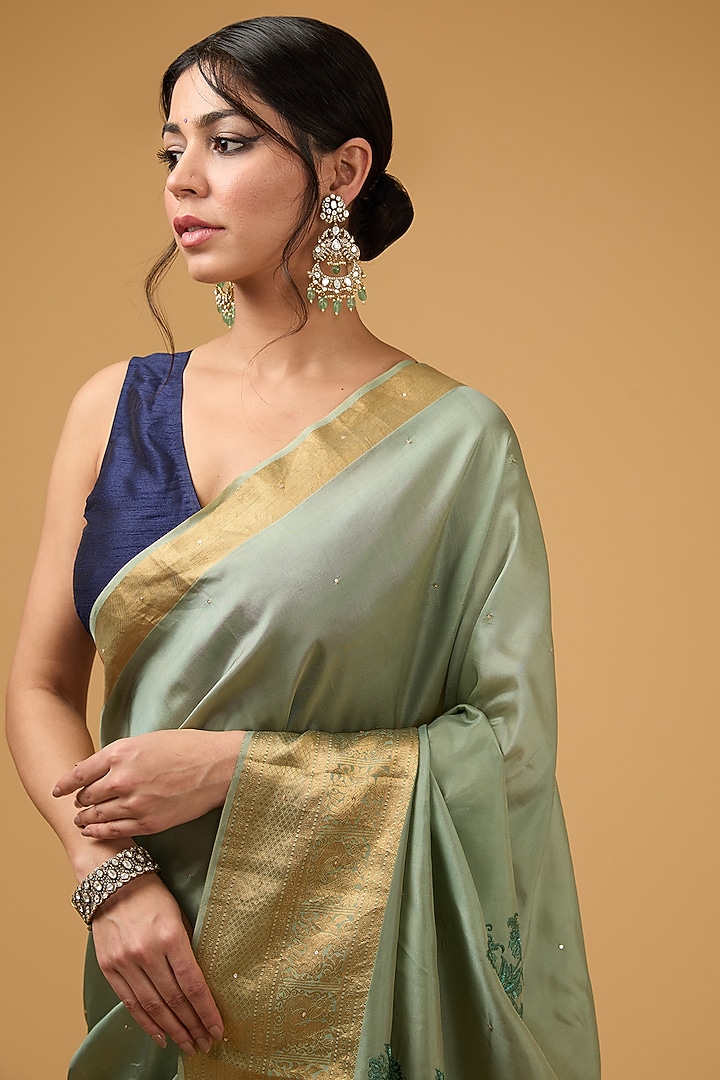 Dark Pista Green Silk Embroidered Party Wear Saree Set by Aharin India at Pernia's Pop Up Shop