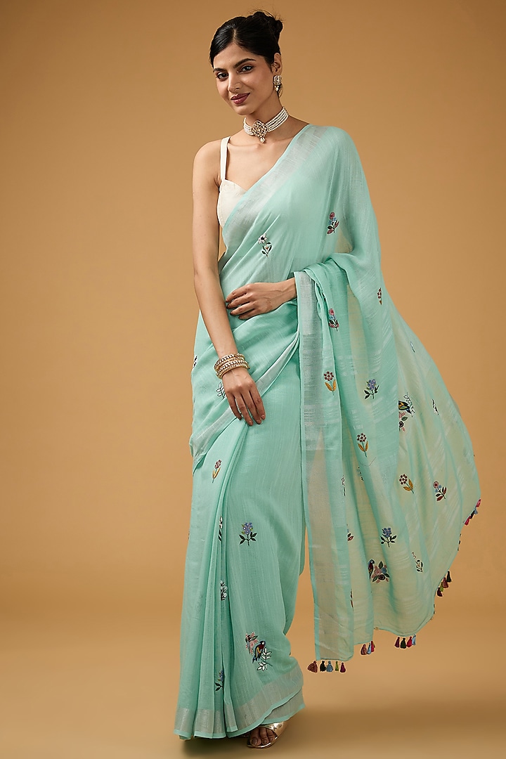 Blue Linen Floral Boota Work Handwoven Saree Set by Aharin India at Pernia's Pop Up Shop