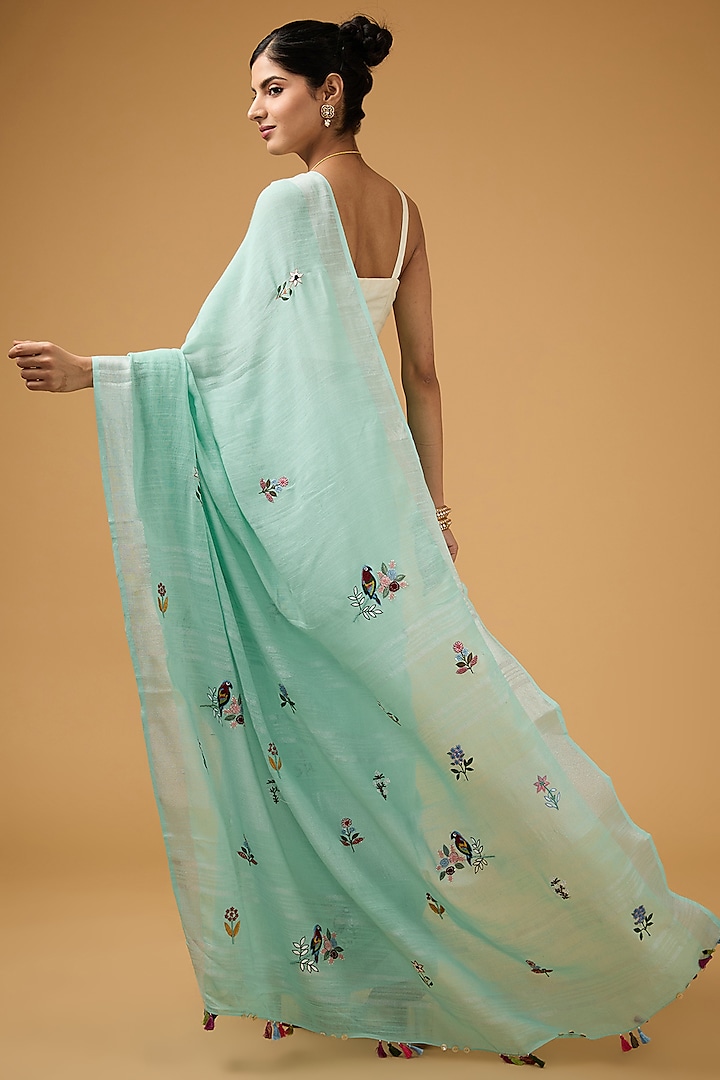 Blue Linen Floral Boota Work Handwoven Party Wear Saree Set by Aharin India at Pernia's Pop Up Shop