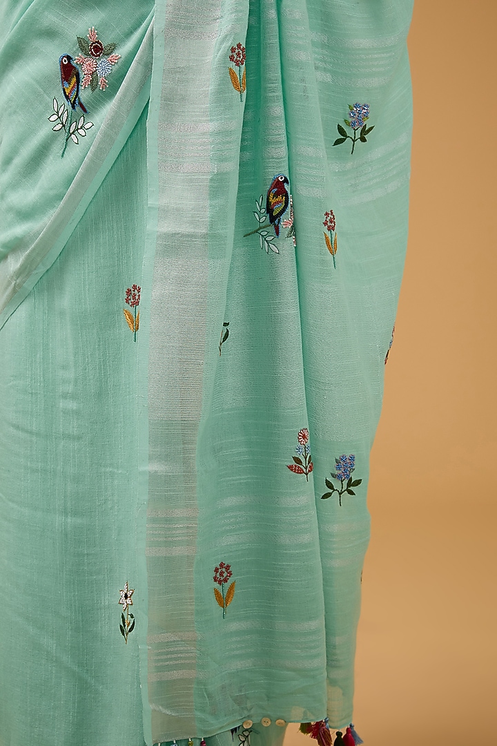 Blue Linen Floral Boota Work Handwoven Party Wear Saree Set by Aharin India at Pernia's Pop Up Shop