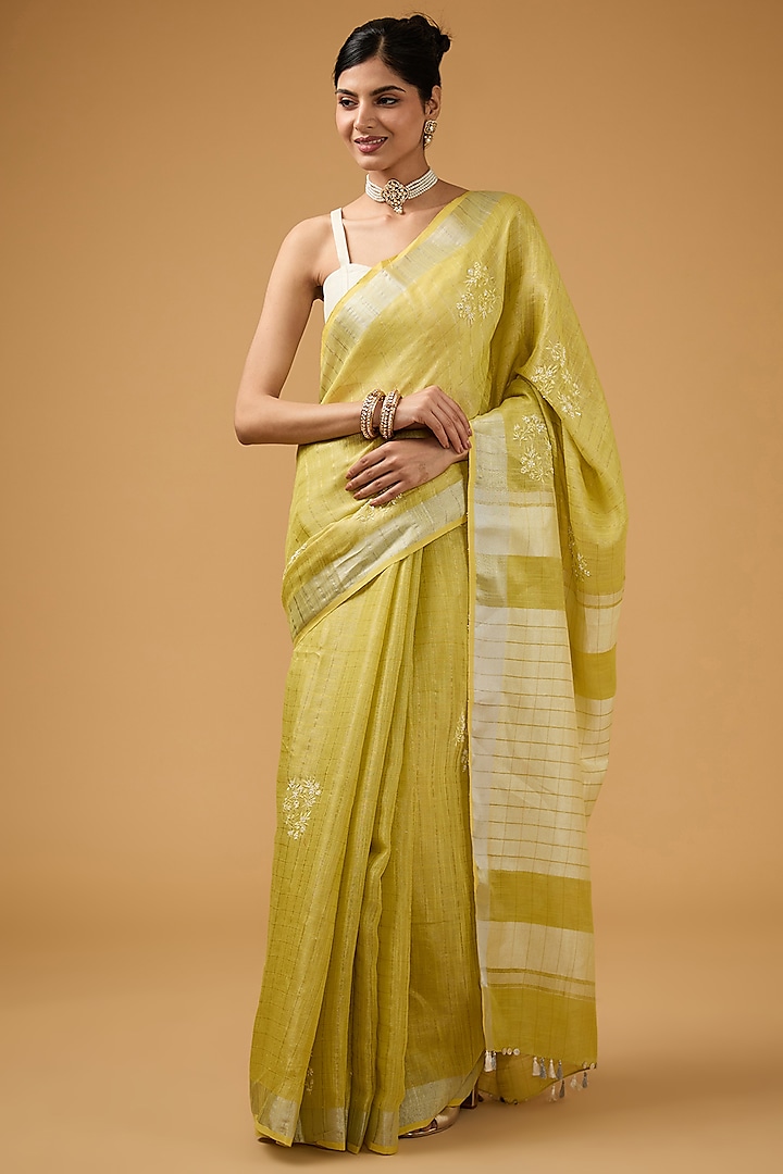 Lime Green Linen Floral Boota Work Handwoven Saree Set by Aharin India