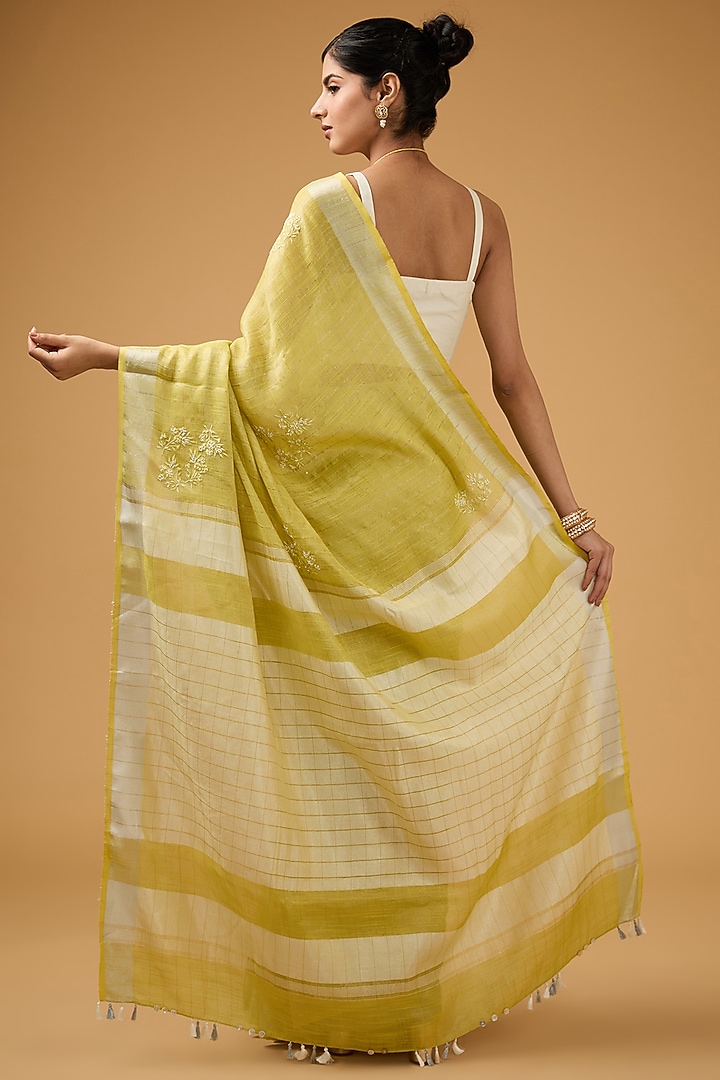 Lime Green Linen Floral Boota Work Handwoven Party Wear Saree Set by Aharin India at Pernia's Pop Up Shop