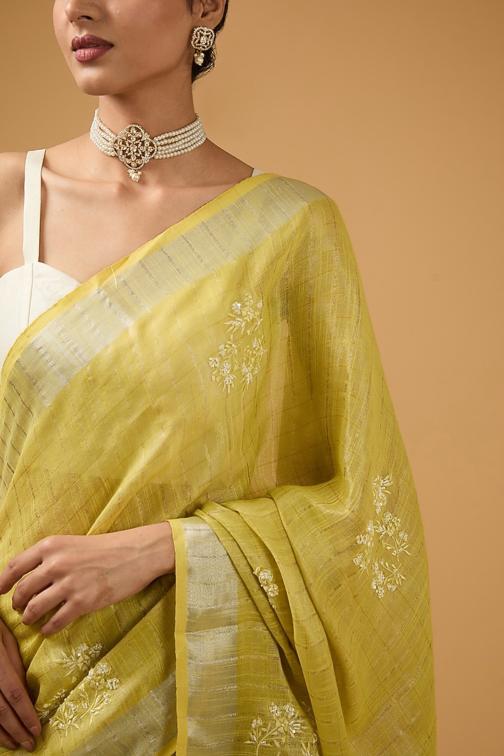 Lime Green Linen Floral Boota Work Handwoven Party Wear Saree Set by Aharin India at Pernia's Pop Up Shop