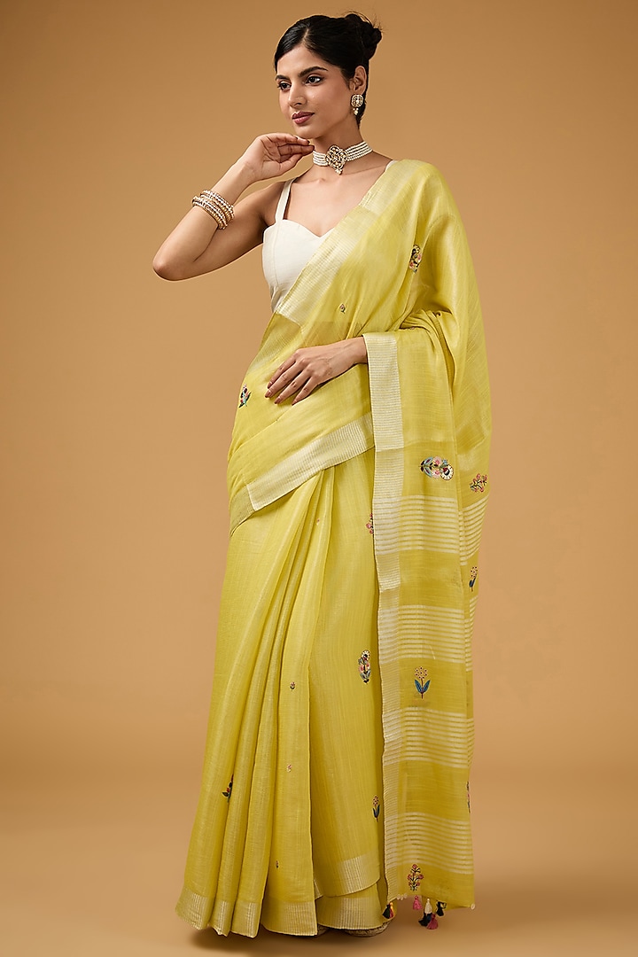 Lime Green Linen Floral Boota Work Handwoven Saree Set by Aharin India