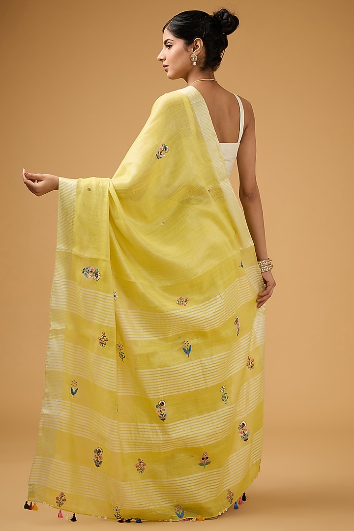 Lime Green Linen Floral Boota Work Handwoven Party Wear Saree Set by Aharin India at Pernia's Pop Up Shop