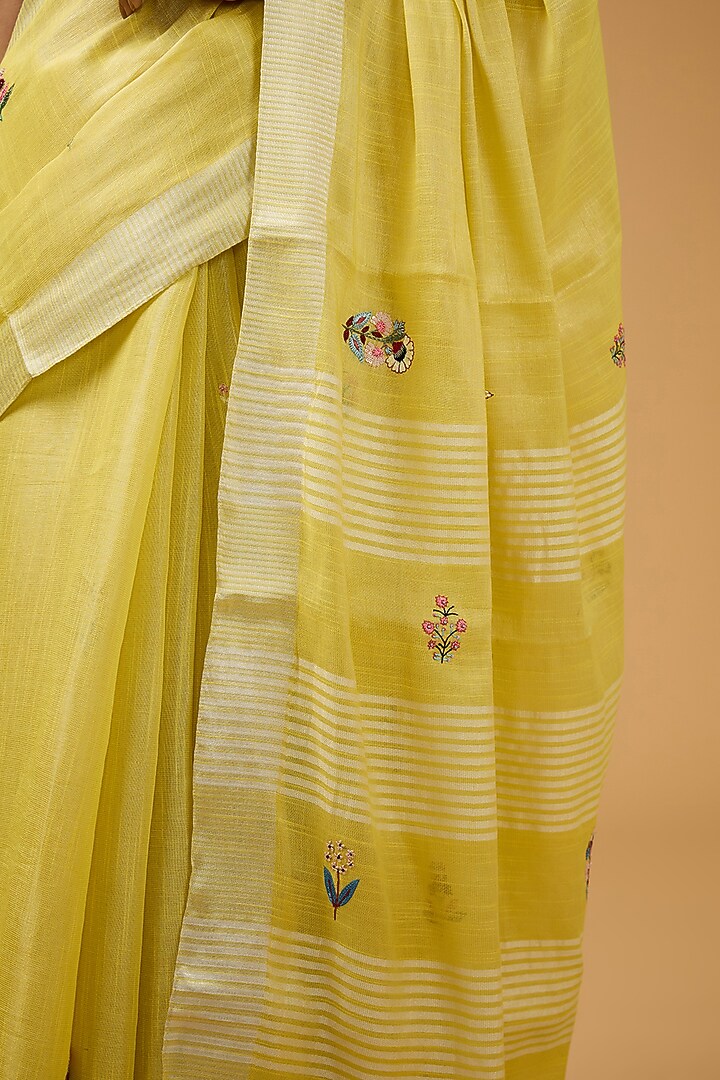 Lime Green Linen Floral Boota Work Handwoven Party Wear Saree Set by Aharin India at Pernia's Pop Up Shop